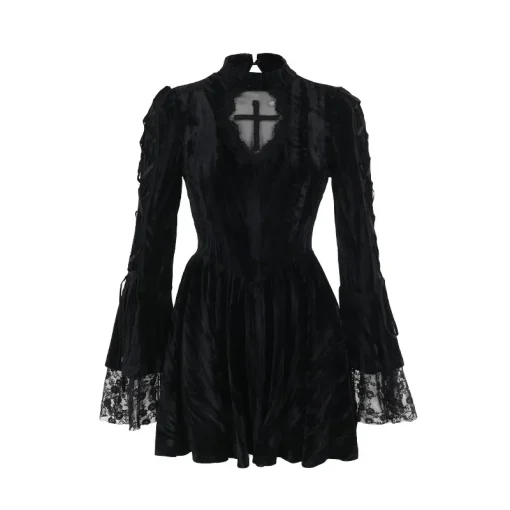 kf S999fd2b3470c4712bbf6b1c8ad8b61b5f Mall Goth Fairycore Gothic Dress Women Aesthetic Lace Patchwork Flare Sleeve High Waist Dress Halloween Dark