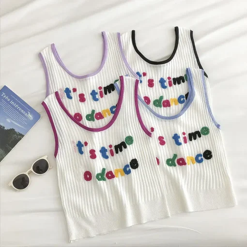 kf S99edddf7b2e5417692e90640c8c9c687F Ribbed Tank Top Crop Top Women s Short Cute Graphic Knit Kawaii T Shirts Vest Summer