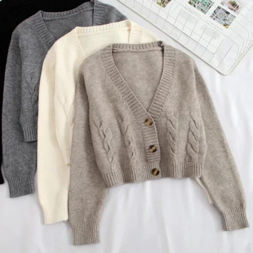 kf S9a073f30ebea40c78f48dcf5972b28baR V Neck Cropped Cardigan Women Long Sleeve Twist Knitted Sweater Coats Autumn Winter Keep Warm Korean