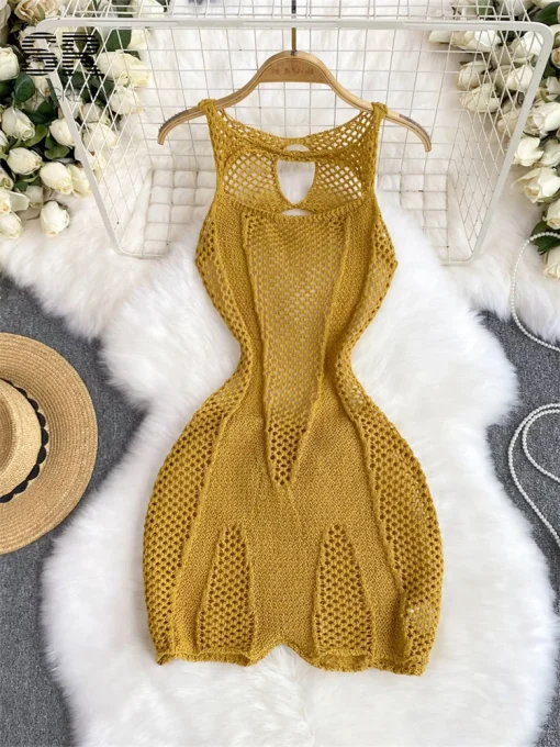 kf S9a0a6d4348954f978aea687f3bc9dad8n SINGREINY Yellow Sleeveless Jumpsuit Women Hollow Out O Neck Elegant Stretch Transparent Ladies Casual Summer Slim