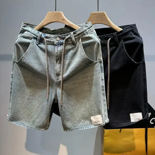 kf S9a27e8f3a70b49fea3c2569ed9e49154V Male Denim Shorts Text with Pockets Drawstring Men s Short Jeans Pants Vintage New in Streetwear