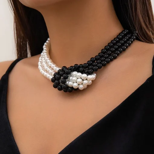 kf S9aceadfca08d44758b3158505447f208s Fashion Black White Imitation Pearl Patchwork Chain Necklace For Women Female Vintage Sexy Multilevel Bead French