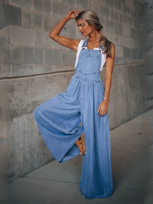 Summer Women's Blue Denim Jumpsuit – Loose Wide-Leg High-Waist Overalls with Pockets