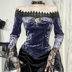 Lace Patchwork Autumn Winter Velvet Crop Tops Mall Gothic Slim Pullovers Blouse Women Elegant Slash Neck T-shirts Y2K