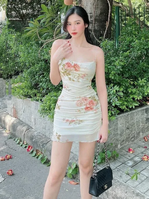 Sweet Printed Halter Mini Dress for Women – Retro Floral, Spaghetti Strap, Slim Fit, Spring/Summer 2024 - Image 4