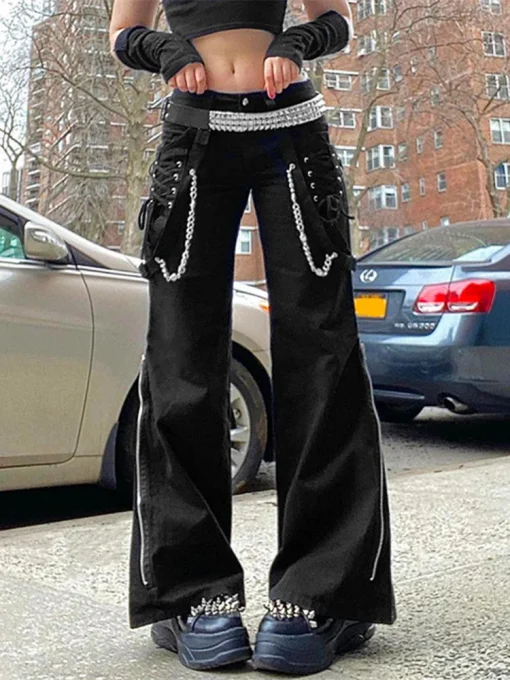 Womens Gothic Punk Cargo Pants High Waist Flare Pants