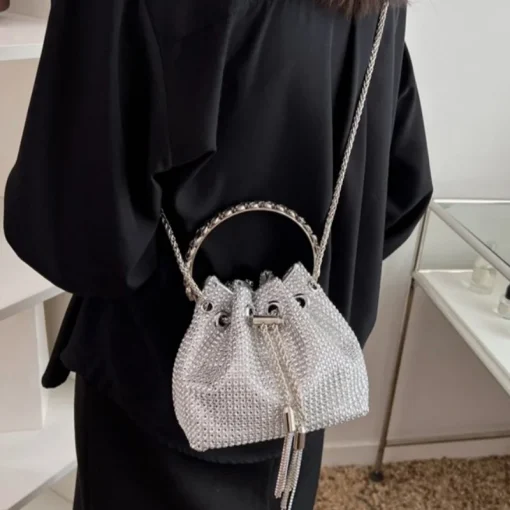 kf S9da90e238f2844d5b39f165fbff27eadf Full Shiny Rhinestone Bucket Bag Fashion Senior Drawstring Banquet Bag Ladies Evening Single Shoulder Chain Bag