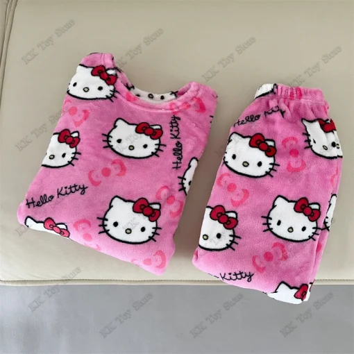 Sanrio Hello Kitty Flannel Pajama Set – Warm Woolen Casual Home Pants & Jacket, Fall Winter Loungewear for Girls, Thermal Underwear & Gift Idea - Image 4