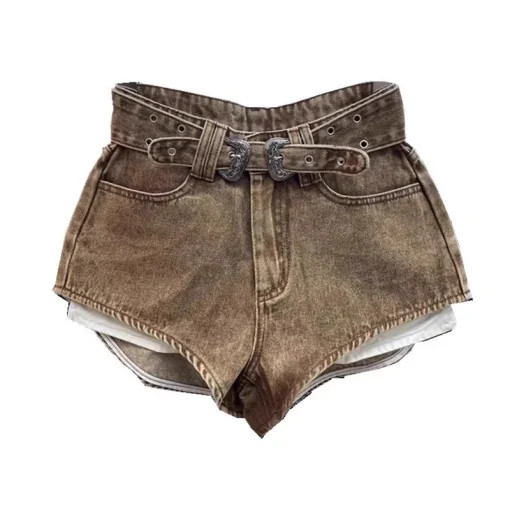 Retro Brown High-Waist Denim Shorts for Women | Personalized Patchwork Wide Leg Hot Pants | Summer 2025 Fashion