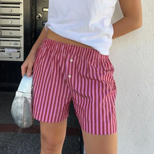 kf S9ef5b5679fd2411385277cfcc11ff7ac8 Casual Women Vintage Shorts Elastic Waist Solid Striped Shorts Loose High Waist Striped Print Pajama Pants