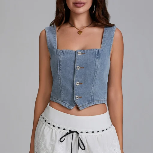 kf S9efa4154717c472eb703cb008831f000N Women s Denim Tank Tops Slim Fit Square Neck Backless Back Shirred Sleeveless Button Down Crop