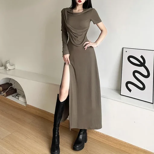 kf S9f0cc42d2cd949e48a12c9c8b910de56I Hooded Dress Black Khaki Long Dress Split Off Shoulder Sleeveless Outer Sleeve Gothic Summer Slim Women