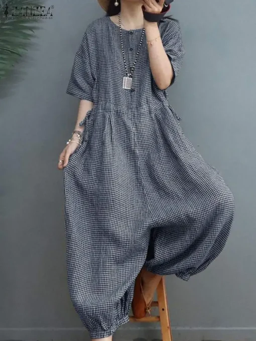 Summer Women’s Plaid Jumpsuit – Casual Loose-Fit Wide-Leg Romper with Half Sleeves - Image 4