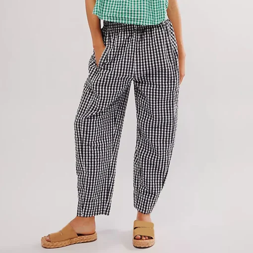 kf S9f779ff27be84d13bf0d18c4bd13cee17 Women s Spring Summer Baggy Pants Elastic Waistband Wide Leg Plaid Pants with 2 Pockets Gingham