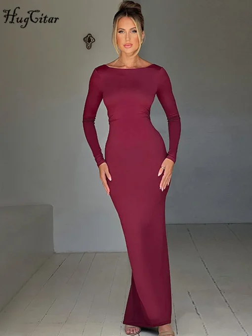 Hugcitar Spring Elegant Long Sleeve Backless Bodycon Maxi Dress – Sexy Pleated Evening Party Dress - Image 4