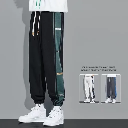 Autumn Patchwork Casual Straight Pants for Men – Korean Streetwear Joggers, Baggy Sweatpants for Gym & Daily Wear