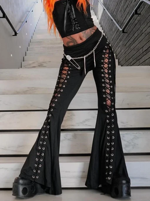 kf Sa1ad822e669242e18448e844ea227997X Gothic Bandage Cut Out Pants Black Clothes for Women Cyber Punk Lace Up High Waist Flare