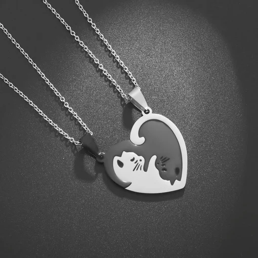 kf Sa1f02199645541c58529ebdb493717c2l Hot Hug Love Pet Cat Pairing Couple Necklace Fashion Stainless Steel Men Women Best Friend Bff