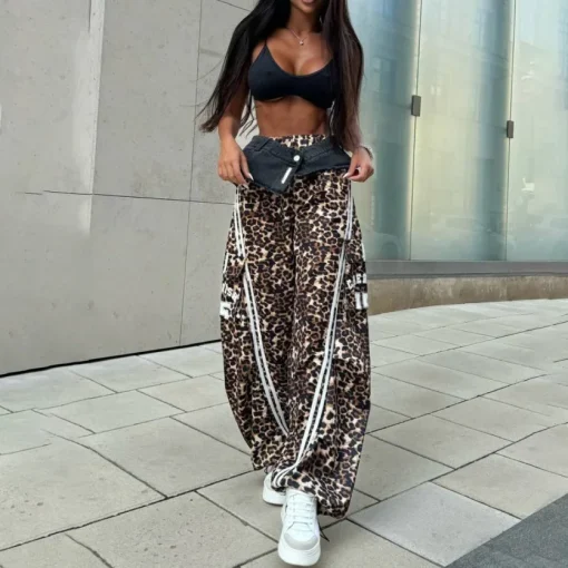 2025 Autumn Women's Casual Wide Leg Leopard Spliced Sweatpants | Y2K Streetwear Vintage Cargo Pants