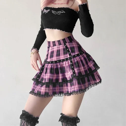 kf Sa2b1a1107a6c407e9a7fdf3f6be5dc4bj Lolita Cake Mini Skirts Gothic Japanese Harajuku Girls Purple Pink Plaid Pleated Skirt Punk Sweet Lace