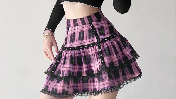 kf Sa2b1a1107a6c407e9a7fdf3f6be5dc4bj Lolita Cake Mini Skirts Gothic Japanese Harajuku Girls Purple Pink Plaid Pleated Skirt Punk Sweet Lace