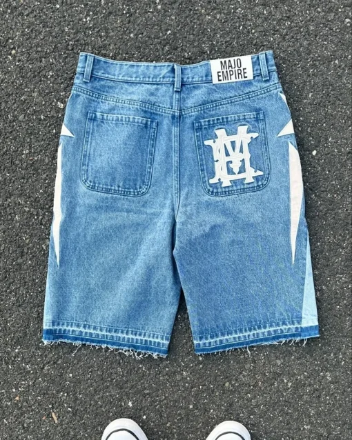 Y2K Embroidered Baggy Jeans – Street Style Wide-Leg Shorts for Men - Image 2