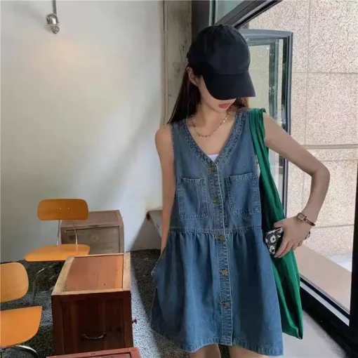 Vintage Sleeveless Denim Dress for Women – V-neck, Single-Breasted, Pockets, A-line Mini Dress, Spring/Summer - Image 4