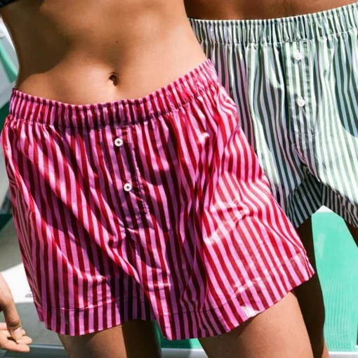 kf Sa3655d85c6c4461eab801fef6ae2e661e Casual Women Vintage Shorts Elastic Waist Solid Striped Shorts Loose High Waist Striped Print Pajama Pants