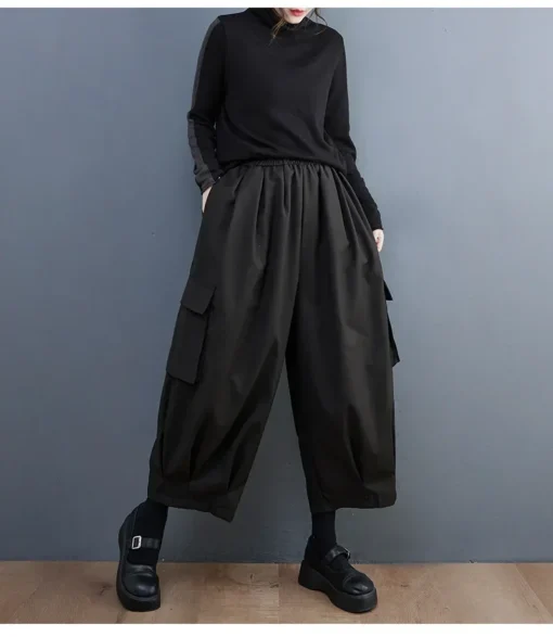 kf Sa3bd2e436bdf4871a69bd7d7631e81a7i Spring Summer New Black Vintage High Elastic Waist Oversized Cargo Pants Women Loose Casual Pocket Fashion