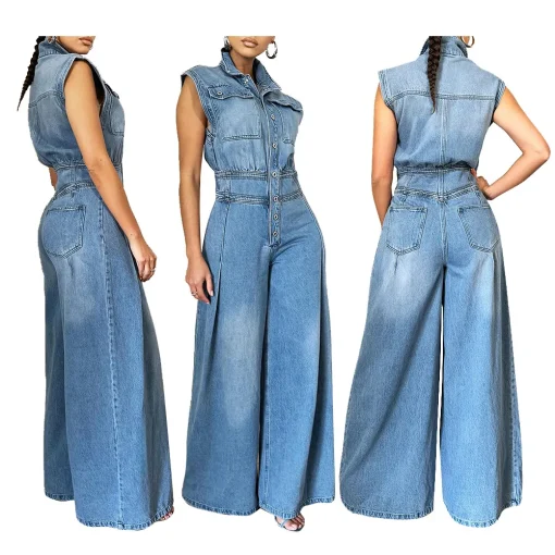 Summer 2024 Women’s Denim Jumpsuit – Sleeveless Wide-Leg High-Waist Overalls - Image 2