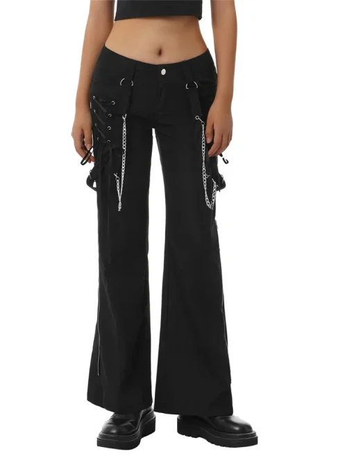 Womens Gothic Punk Cargo Pants High Waist Flare Pants - Image 2