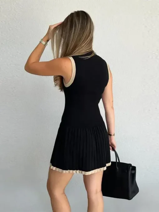 Women's Sleeveless Color Blocking Knitted Mini Dress - High Waist & Pleated High Streetwear - Image 4