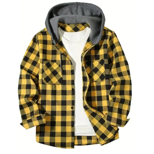 kf Sa796285706fc463891c64de5f9f2d8d1I Men s Shirts Classic Plaid Casual Button Down Hooded Long Sleeved Double Pockets Shirt Hoodie Flannel