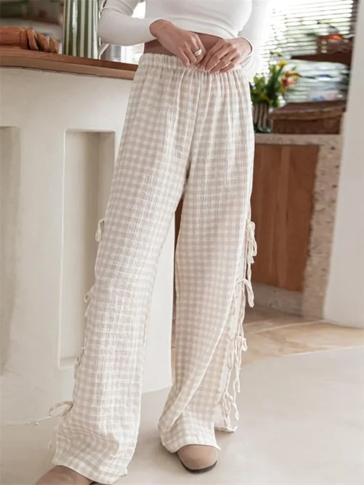 kf Sa8a9460985a34de7978ffa159e0c2608f Women Y2K Wide Leg Pants Plaid Stripe Print Side Tie Up Loose Trousers Summer Casual Bottoms