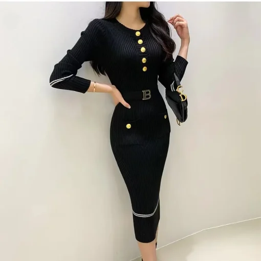 Autumn Winter Women Knitted Dress – Brand Fashion O-neck Buttons Bodycon Sweater Dress with Belt