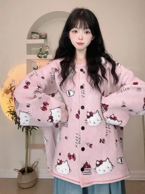 Sanrio Pink Hello Kitty Cardigan Sweater – Sweet & Cute Spring/Autumn Loose Kawaii Coat for Women - Image 3