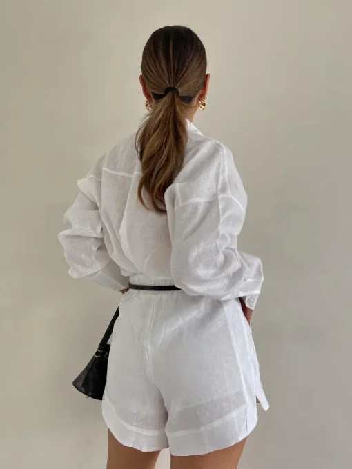 Women’s White Cotton Linen 2-Piece Suit | High-Waist Shorts & Single Breasted Shirt Set | Chic Spring/Summer Outfit 2025 - Image 4