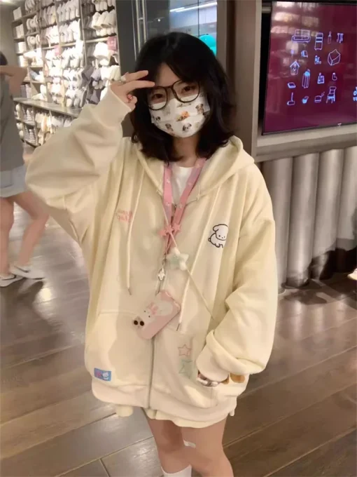 kf Saa31fde3664f467a909314275f67be46S QWEEK Harajuku Kawaii Pink Zip Up Hoodie Women Japanese Y2K Sweet Cute Beige Fleece Sweatshirts Korean