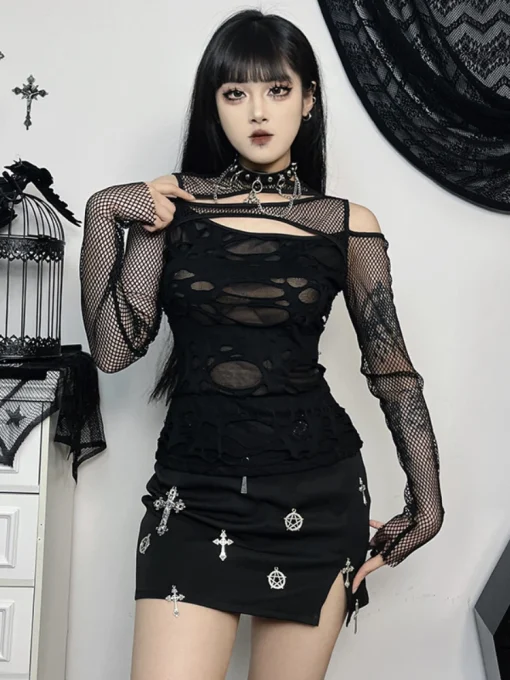 kf Sab0a3be1fca042188d306c8e0bb93ca1g Gothic Mesh Hole Long Sleeve T Shirts Women s Mock Neck Slim Fit Fishnet Sheer Blouse