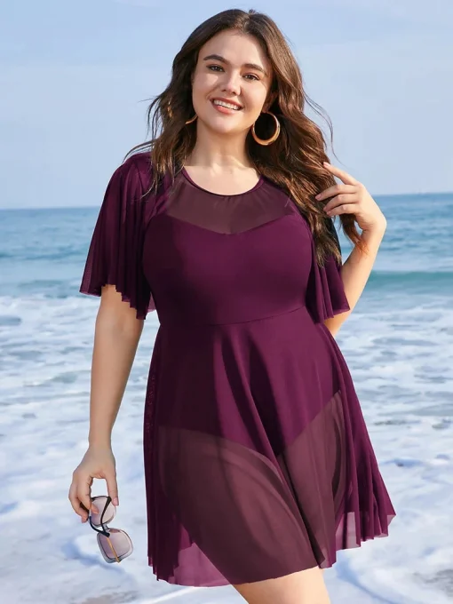 kf Sab2ff37134d04a4ca883aafee746d85eB Plus Size Womens One Piece Tummy Control Swimdress Solid Mesh Patchwork Ruffle Sleeve Cover Up Swim