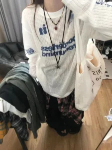 HOUZHOU Y2K Kpop Oversize Women T-shirts – Hollow Out Harajuku Sexy Gyaru Streetwear Long Sleeve Knitted Top 2024