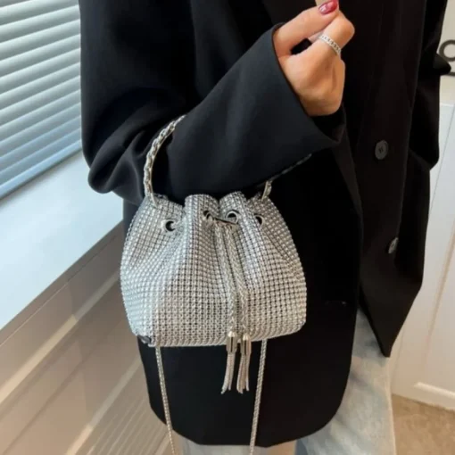 kf Sabdb21736e3c413f9909ce519147a145L Full Shiny Rhinestone Bucket Bag Fashion Senior Drawstring Banquet Bag Ladies Evening Single Shoulder Chain Bag