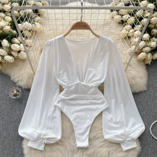 kf Sac60a81c92c3454f820abdb1cf835117E Elegant Deep V Neck Women s Bodysuits Solid Color Spring Summer Long Lantern Sleeve High Waist