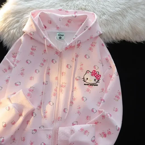 Sanrio Hello Kitty Heavyweight Cotton Cardigan Hoodie – 2024 Spring/Fall Floral Loose Sweater Jacket for Women - Image 3