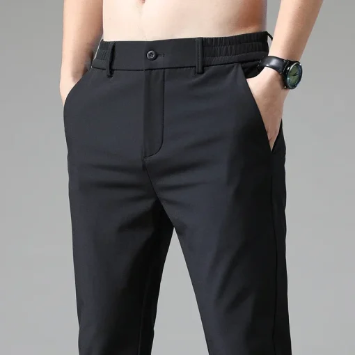 Men's Slim Fit Elastic Waist Trousers – Casual Korean Style Stretch Pants