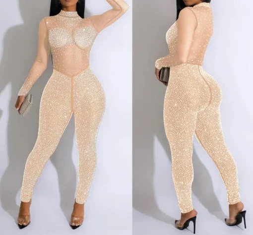 Sexy Mesh Diamond Jumpsuit for Women – 2023 Autumn/Winter Long Sleeve - Image 4