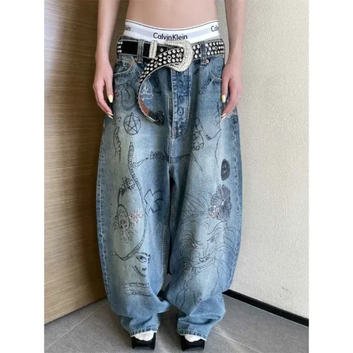 kf Saef7b8f210674695bb044b37f2309687i Fashion Hip Hop Harajuku New Harem Pants Men Loose Wide Legs Hand Painted Graffiti Blue Jeans