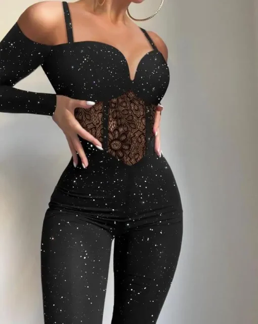 kf Saf6c41ef0c2b4747be471d92950bc7098 Sexy Party Night Out Jumpsuit Women Elegance 2022 Plain Glitter Cold Shoulder Long Sleeve Contrast Lace