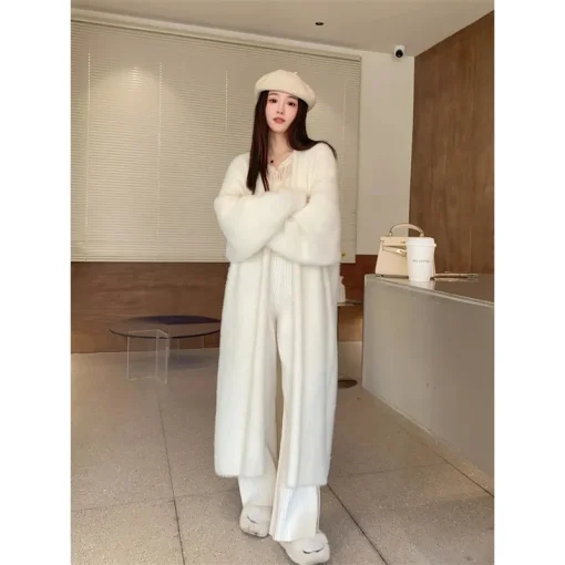 kf Sb0984a98da1d46f5a861c68144866593q 023 Autumn Winter Lazy Style Loose Knee Length Thickened Pure Imitation Mink Fleece Knitted Sweater Cardigan