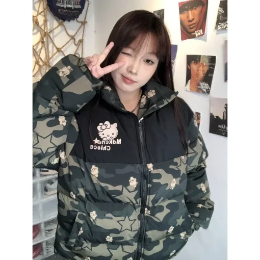 Sanrio Hello Kitty Loose Cotton Padded Jacket – Trendy Camouflage Winter Coat for Women & Couples, American Style, Autumn 2024 - Image 4